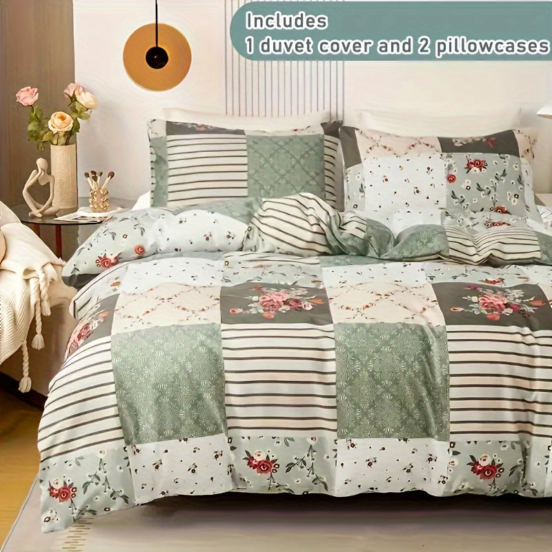 3-teiliges Bettbezug-Set mit Blumenmuster – Weiches Polyester, Reißverschluss, King-Size