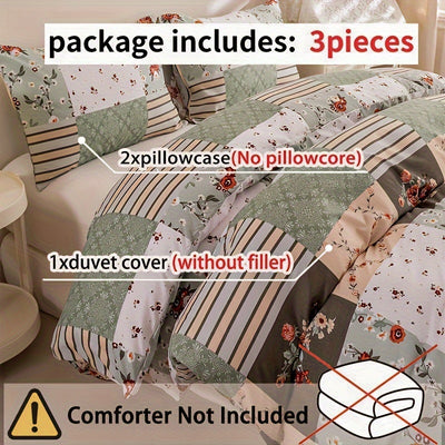 3-teiliges Bettbezug-Set mit Blumenmuster – Weiches Polyester, Reißverschluss, King-Size