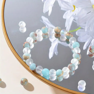 Halo Quarz & Meeresstein Perlenarmband für Glück