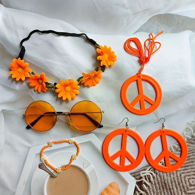 Hippie Schmuck-Accessoire-Set – Peace Logo Kette, Ohrringe, Stirnband & Brille