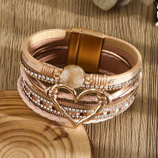 Vintage Boho Mehrlagiger Herz-Charm Lederarmband