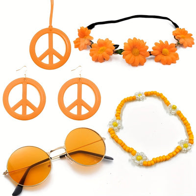 Hippie Schmuck-Accessoire-Set – Peace Logo Kette, Ohrringe, Stirnband & Brille