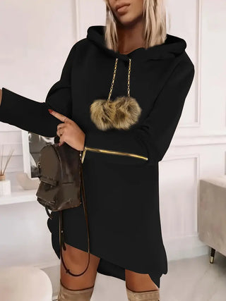 Hoodie-Kleid mit Pom-Pom-Detail – Schwarzbraun, Reißverschluss