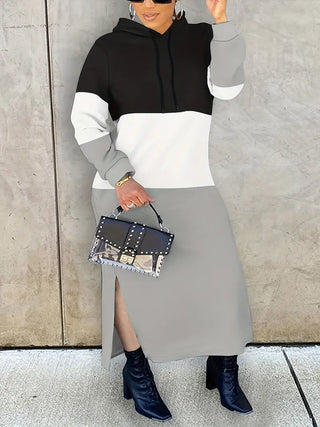 Kapuzenpulli in Übergröße Kleid – Colorblock, Maxi, mit Schlitz