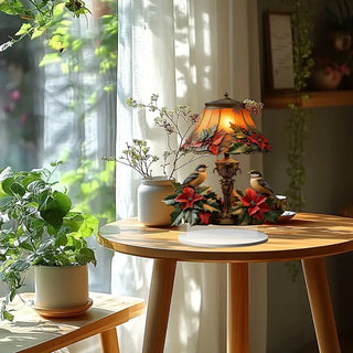 Vintage Acryl Tischlampe mit Poinsettien & Vögeln