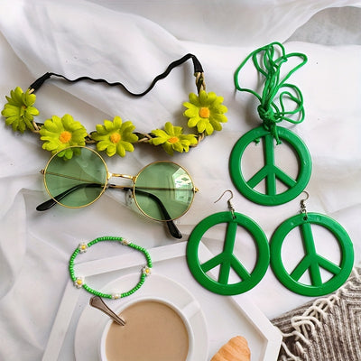 Hippie Schmuck-Accessoire-Set – Peace Logo Kette, Ohrringe, Stirnband & Brille