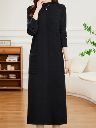 Damen Midi Strickkleid mit Schlitz – Langarm Crew Neck Winterkleid