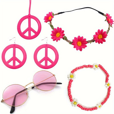 Hippie Schmuck-Accessoire-Set – Peace Logo Kette, Ohrringe, Stirnband & Brille