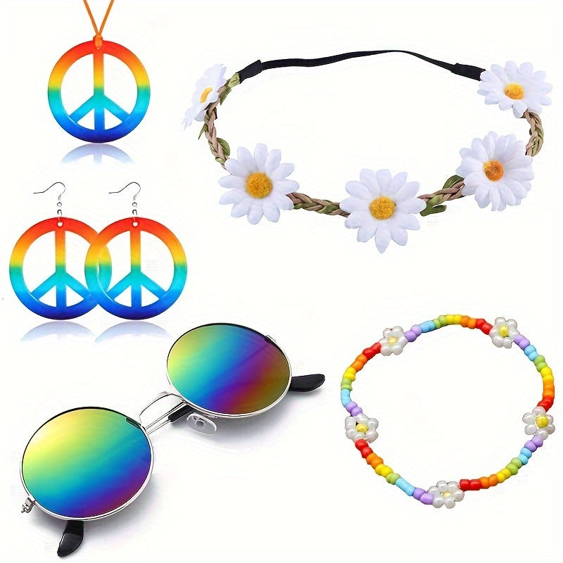 Hippie Schmuck-Accessoire-Set – Peace Logo Kette, Ohrringe, Stirnband & Brille