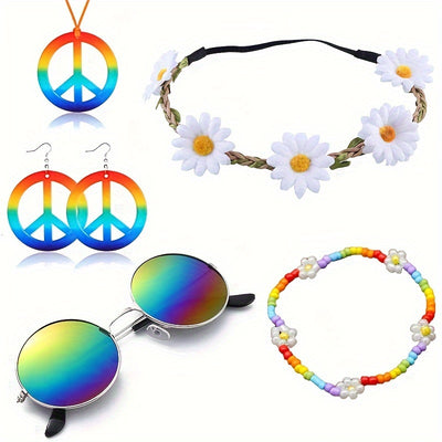 Hippie Schmuck-Accessoire-Set – Peace Logo Kette, Ohrringe, Stirnband & Brille