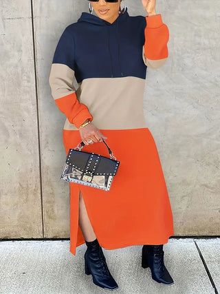 Kapuzenpulli in Übergröße Kleid – Colorblock, Maxi, mit Schlitz