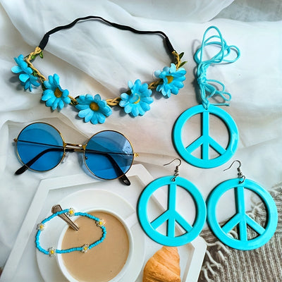 Hippie Schmuck-Accessoire-Set – Peace Logo Kette, Ohrringe, Stirnband & Brille