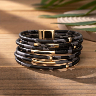 Mehrreihiges Leopardenmuster PU-Lederarmband – Western Boho Chic