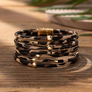 Mehrreihiges Leopardenmuster PU-Lederarmband – Western Boho Chic