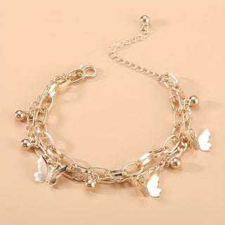Elegantes Golden-Ton Schmetterlings-Charm Doppel-Schicht Armband