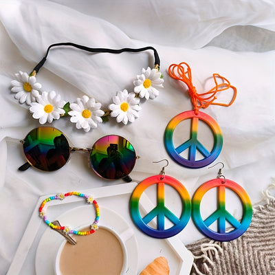 Hippie Schmuck-Accessoire-Set – Peace Logo Kette, Ohrringe, Stirnband & Brille