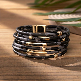 Mehrreihiges Leopardenmuster PU-Lederarmband – Western Boho Chic