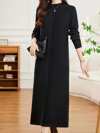 Damen Midi Strickkleid mit Schlitz – Langarm Crew Neck Winterkleid