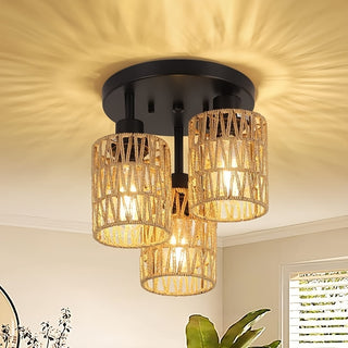 Amansour Boho Chic 3-Flammen Rattan Deckenleuchte