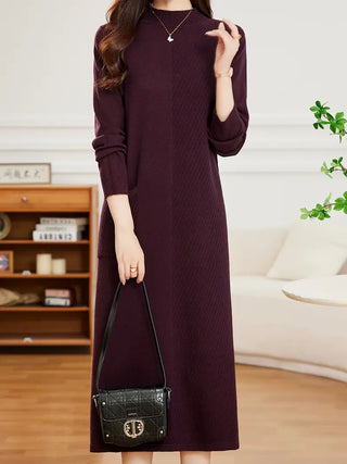 Damen Midi Strickkleid mit Schlitz – Langarm Crew Neck Winterkleid
