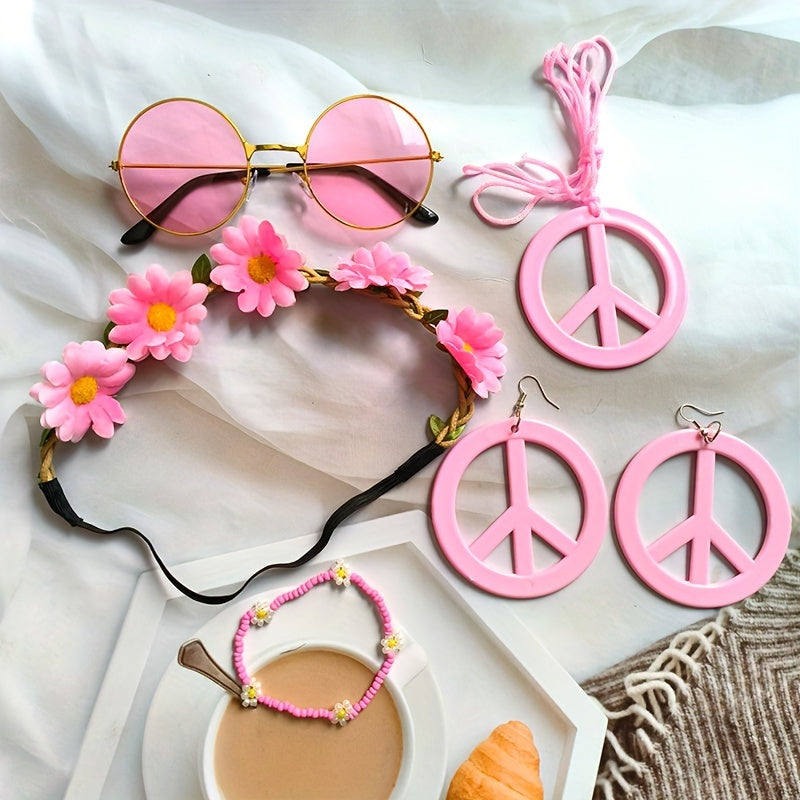 Hippie Schmuck-Accessoire-Set – Peace Logo Kette, Ohrringe, Stirnband & Brille