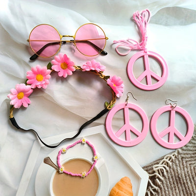 Hippie Schmuck-Accessoire-Set – Peace Logo Kette, Ohrringe, Stirnband & Brille