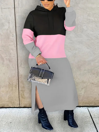 Kapuzenpulli in Übergröße Kleid – Colorblock, Maxi, mit Schlitz