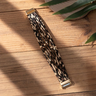 Mehrreihiges Leopardenmuster PU-Lederarmband – Western Boho Chic