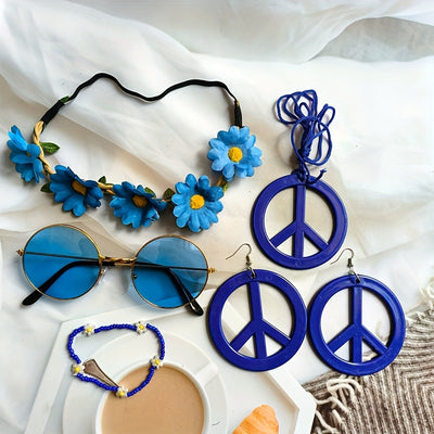 Hippie Schmuck-Accessoire-Set – Peace Logo Kette, Ohrringe, Stirnband & Brille