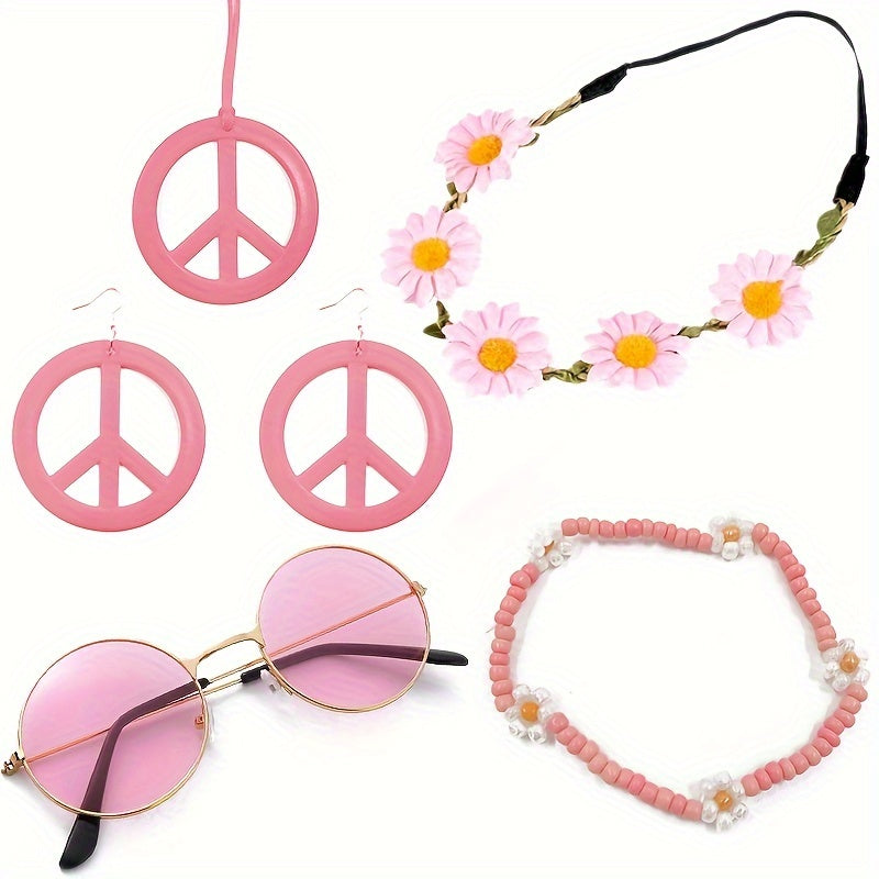 Hippie Schmuck-Accessoire-Set – Peace Logo Kette, Ohrringe, Stirnband & Brille