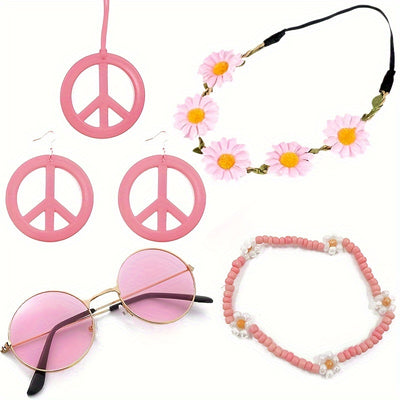 Hippie Schmuck-Accessoire-Set – Peace Logo Kette, Ohrringe, Stirnband & Brille