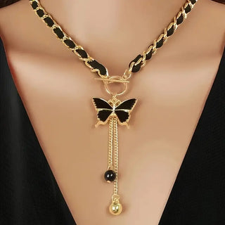 Elegante Schwarze Schmetterlings-Anhänger Kette mit Quaste