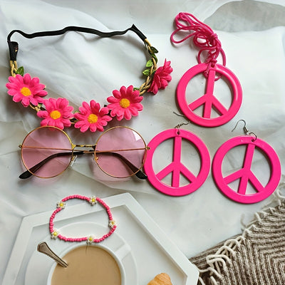 Hippie Schmuck-Accessoire-Set – Peace Logo Kette, Ohrringe, Stirnband & Brille