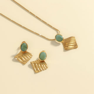 Französischer Boho-Stil Damen Schmuck – Ripple Quadrat Anhänger Halskette & Ohrringe Set