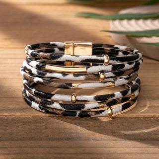 Mehrreihiges Leopardenmuster PU-Lederarmband – Western Boho Chic