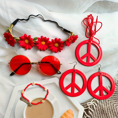 Hippie Schmuck-Accessoire-Set – Peace Logo Kette, Ohrringe, Stirnband & Brille