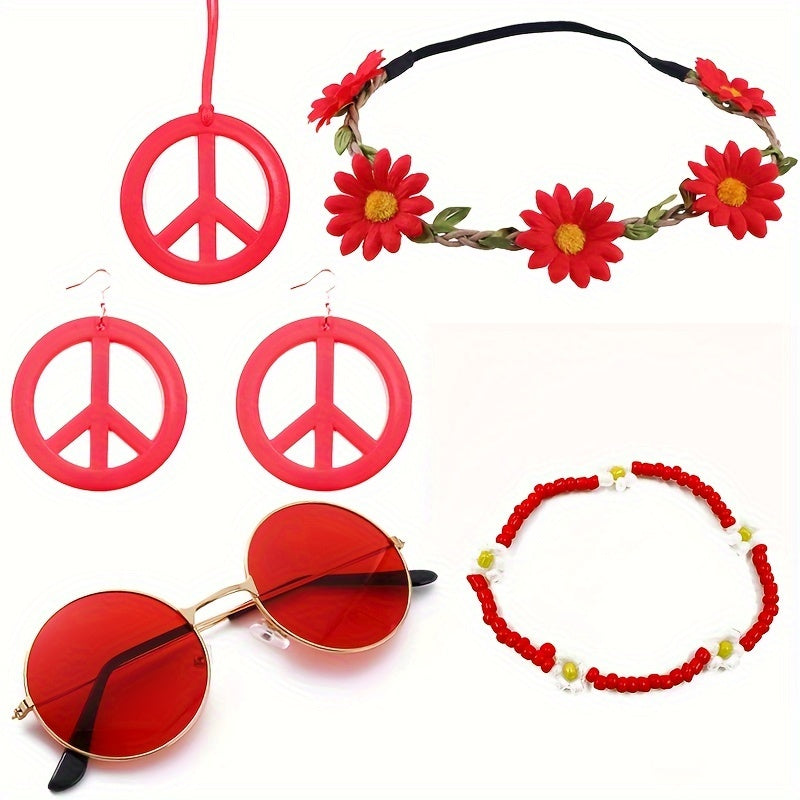 Hippie Schmuck-Accessoire-Set – Peace Logo Kette, Ohrringe, Stirnband & Brille