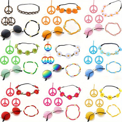 Hippie Schmuck-Accessoire-Set – Peace Logo Kette, Ohrringe, Stirnband & Brille