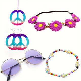 Hippie Schmuck-Accessoire-Set – Peace Logo Kette, Ohrringe, Stirnband & Brille