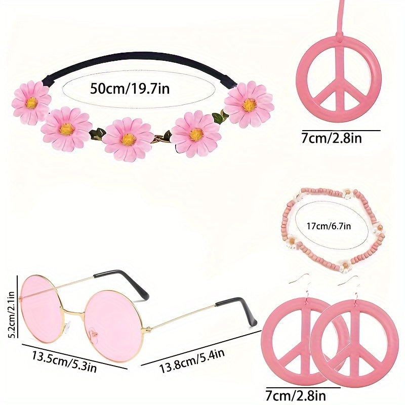 Hippie Schmuck-Accessoire-Set – Peace Logo Kette, Ohrringe, Stirnband & Brille