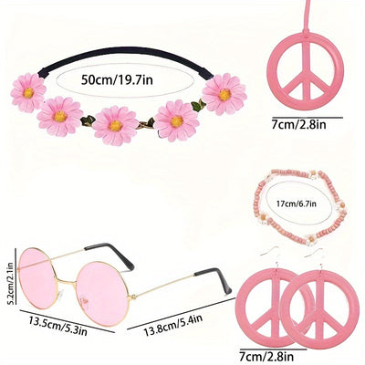 Hippie Schmuck-Accessoire-Set – Peace Logo Kette, Ohrringe, Stirnband & Brille